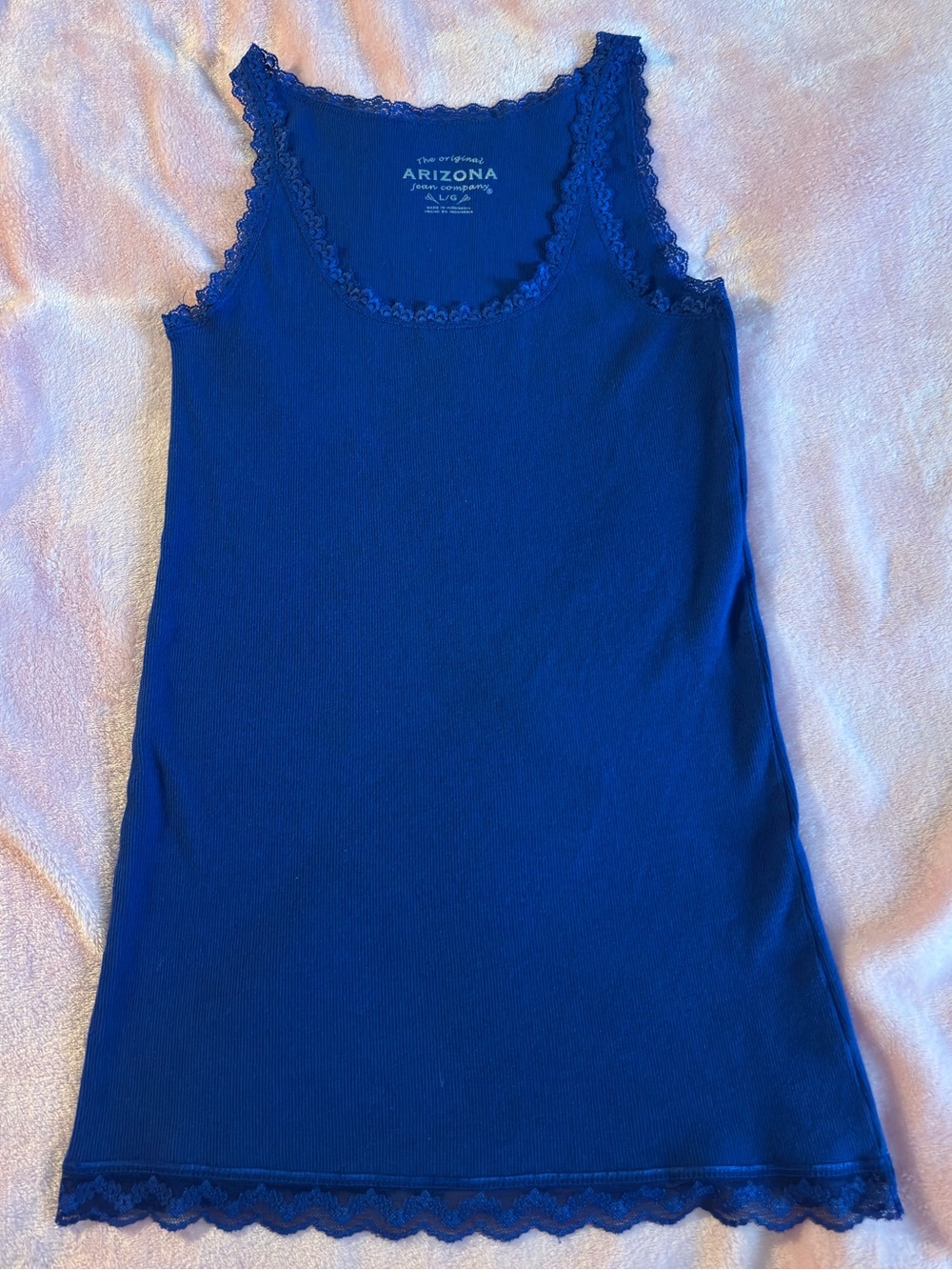 Arizona Royal Blue Lace Trim Ribbed Scoop Neck Tank Top Size Large